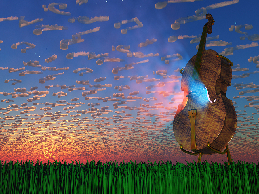 Cello emits light with clouds formed as musical notations The Rhythm of Cloud
